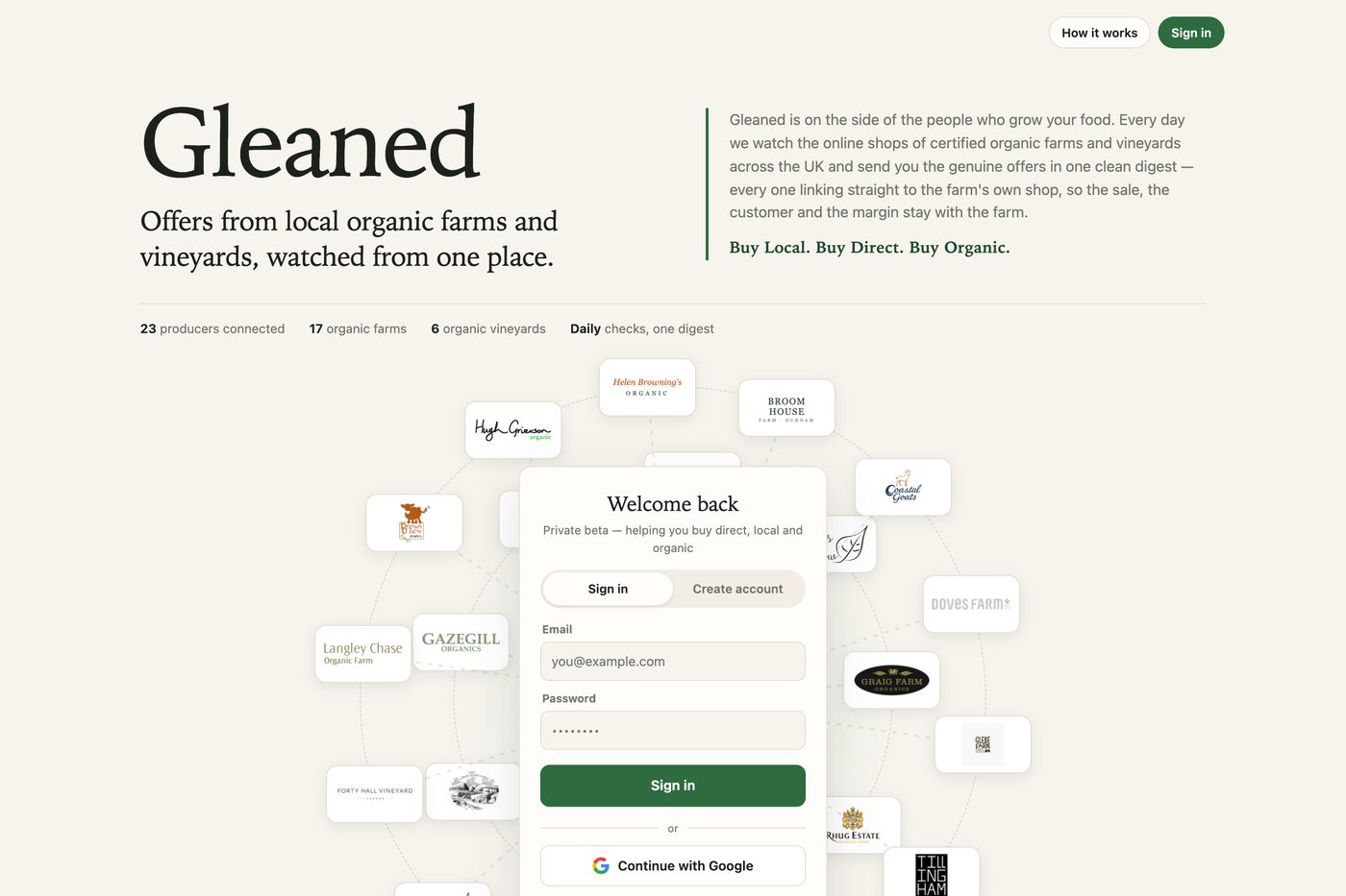 The Gleaned homepage with its producer constellation