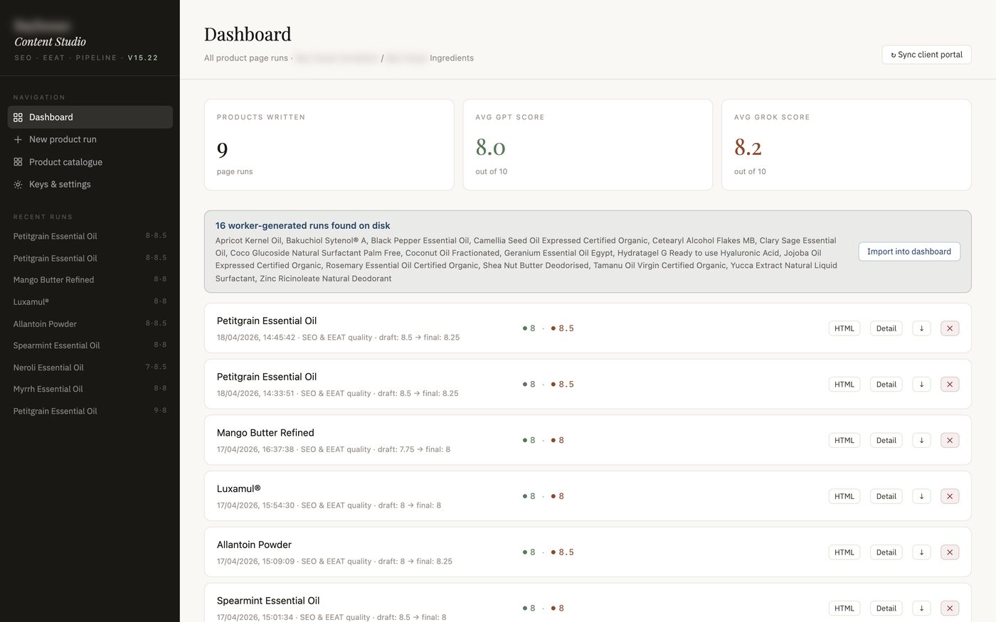 Content Studio dashboard showing nine product page runs with GPT and Grok quality scores averaging 8.0 and 8.2 out of 10