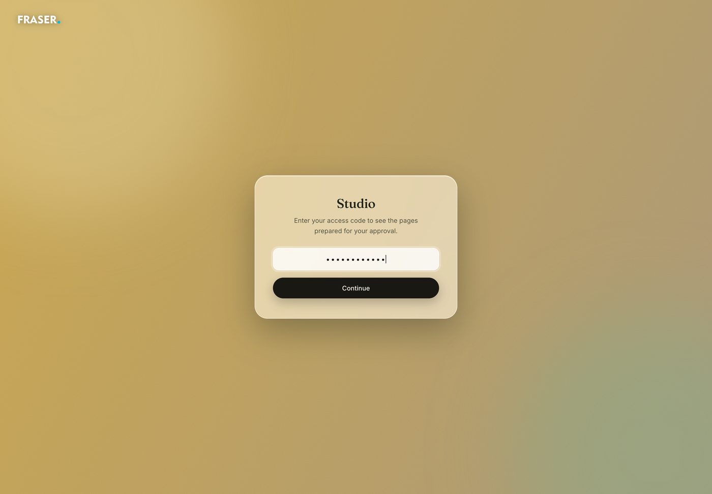 The Studio client portal: an access-code screen inviting the client to review pages prepared for their approval